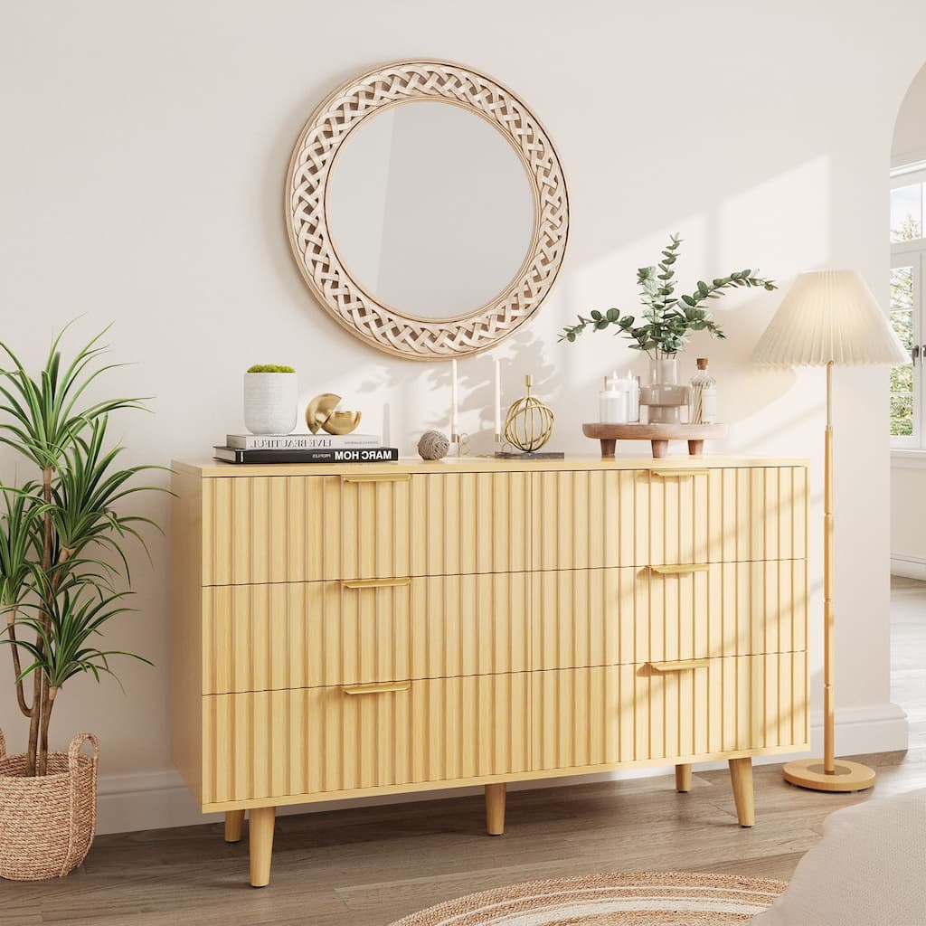 Gymojoy Fluted 6 Drawer Dresser for Bedroom, 47" Wood Chest of Drawers, Modern TV Stand for Closet, Living Room, Hallway