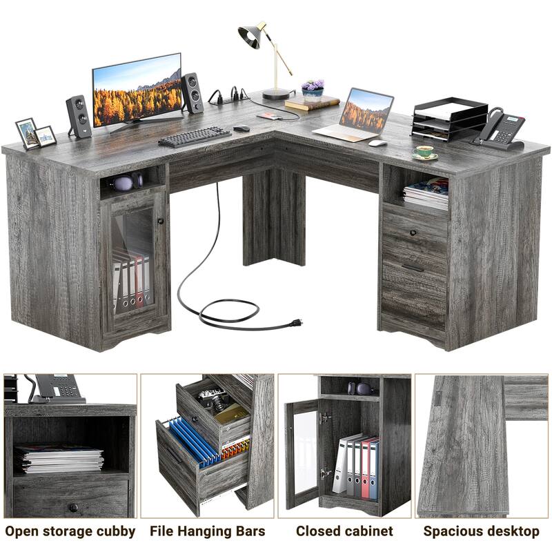 Modern Farmhouse L-Shape Desk with File Cabinet and Drawers, Homer Office Executive Desk with Charge Station