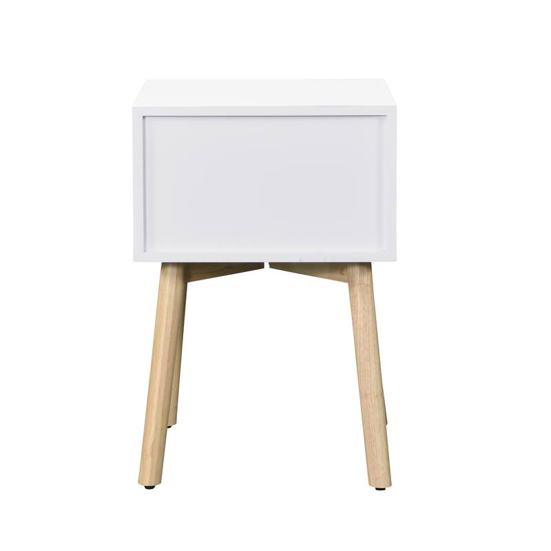Modern White Bedside Table with 2 Drawers and Rubber Wood Legs