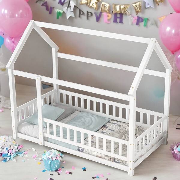slide 2 of 13, Twin Size Floor Wooden Bed House Bed with House Roof Frame and Fence Guardrails White