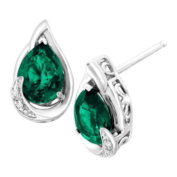 2 ct Created Emerald Stud Earrings with Diamonds in Sterling Silver - Green