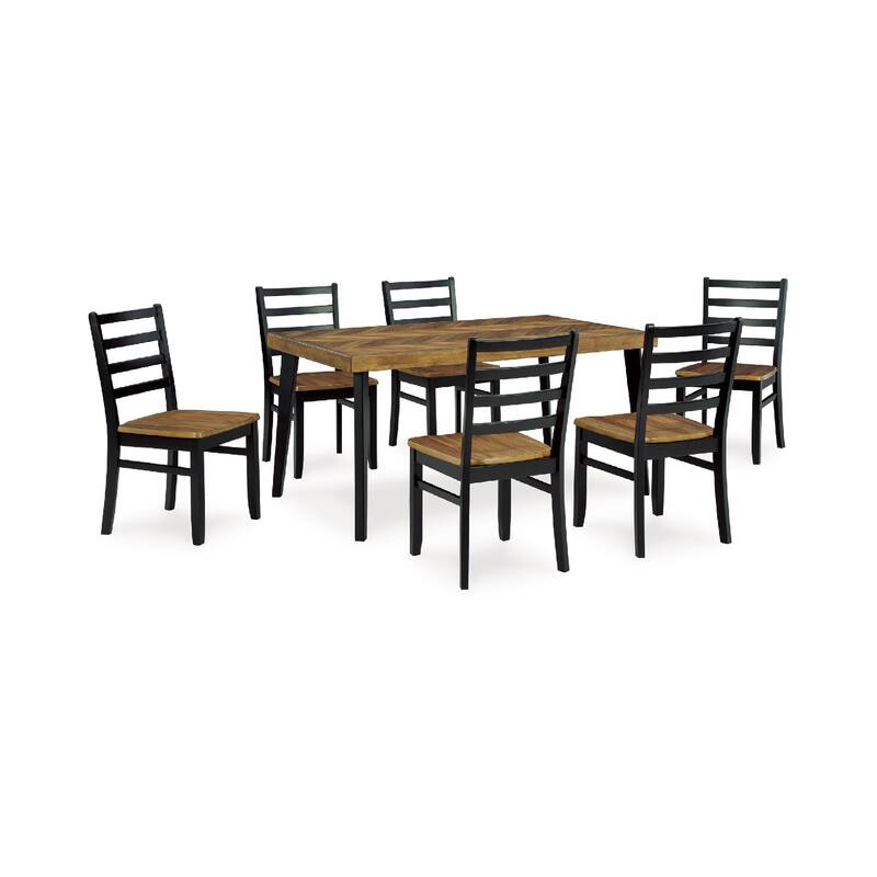 Bia 7pc Dining Table Set, Brown Chevron Tabletop, Black Ladderback Chairs
