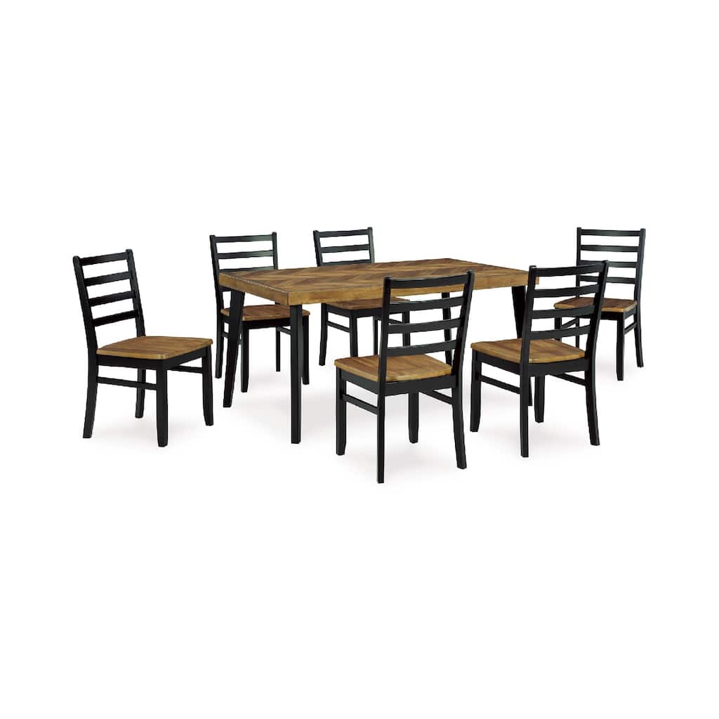 Bia 7pc Dining Table Set, Brown Chevron Tabletop, Black Ladderback Chairs