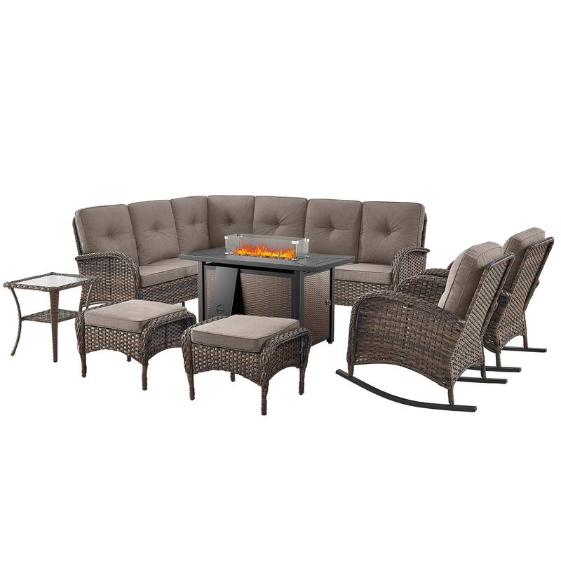 Fire Pit Table with Sectional Sofa Rocker Chairs Ottomans -Grey - Brown