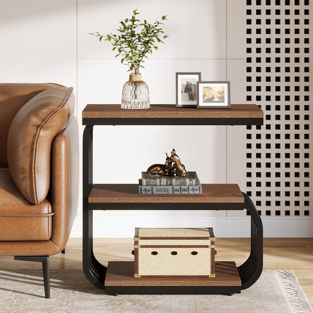 Industrial 3-Tier Metal End Table, Narrow Nightstand for Small Spaces & Living Room