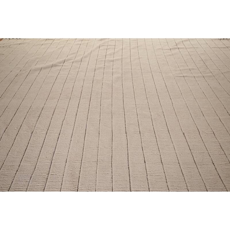 Striped Ivory Moroccan Palace Size Large Rug Hand-Knotted Wool Carpet - 14'2"x 21'6"