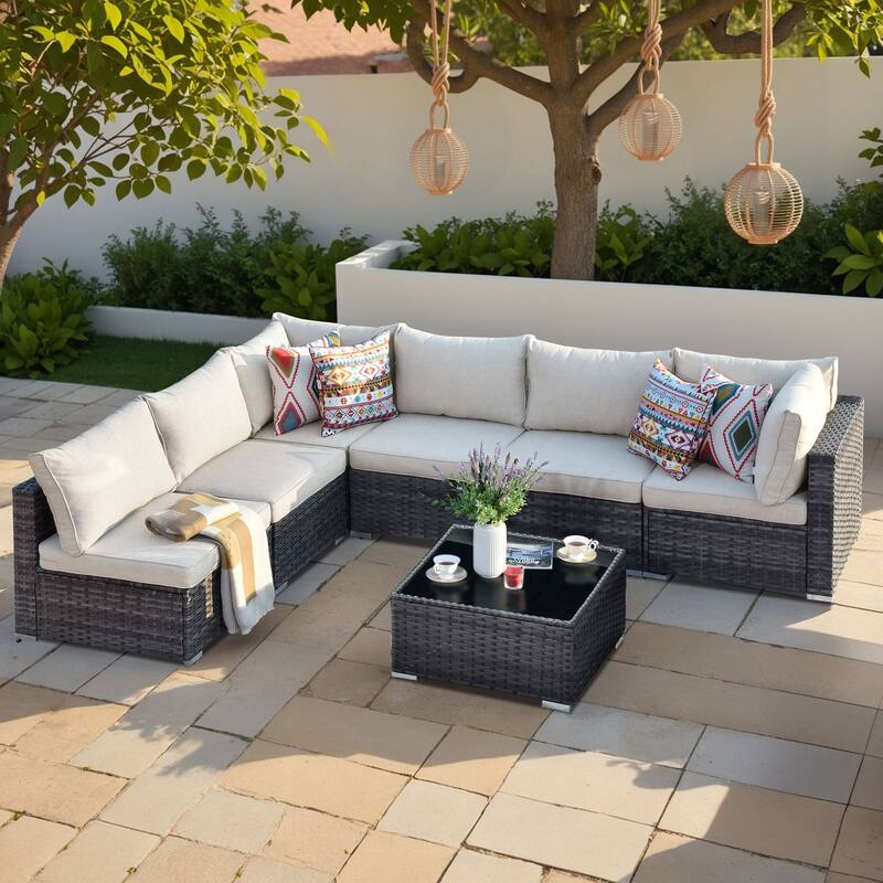 XIZZI 7-piece Outdoor Wicker Furniture Sectional Sofa Set with Table - Beige