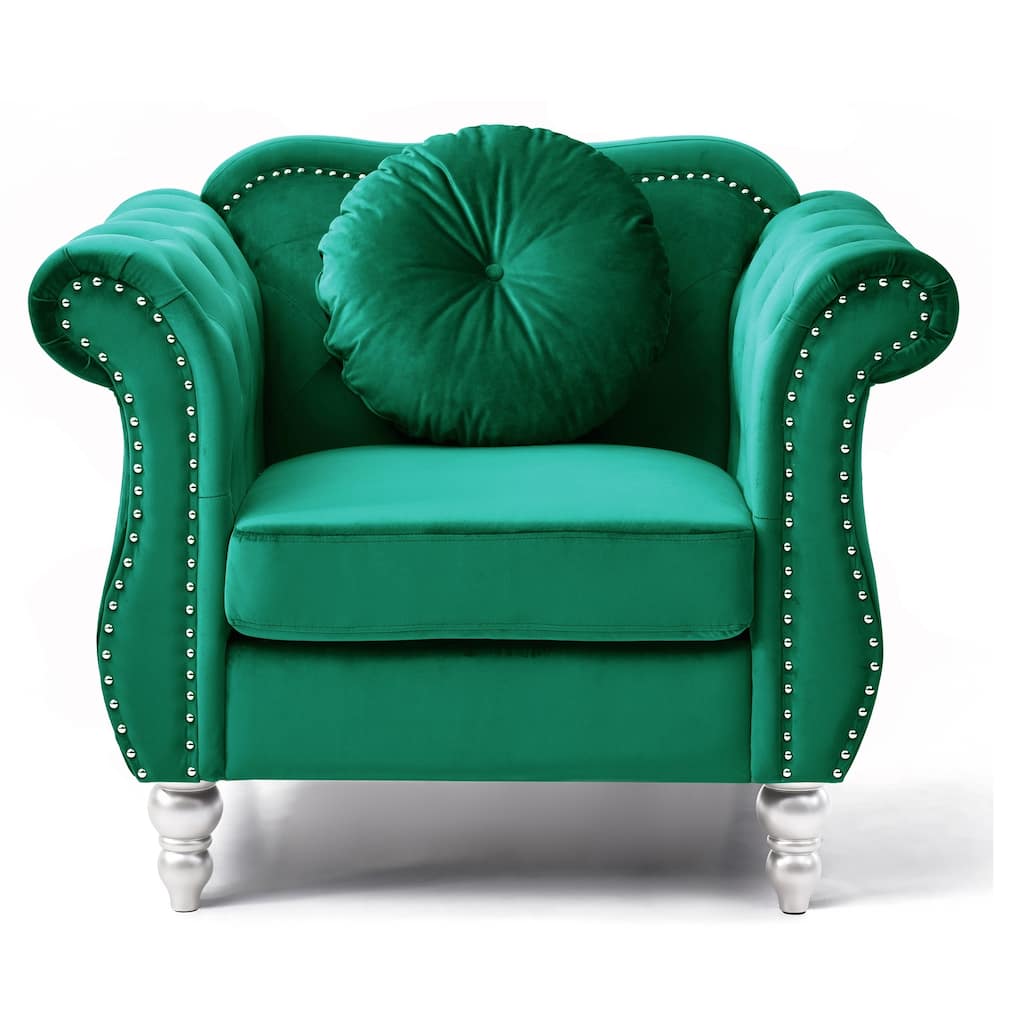 Tufted Velvet Accent Chair with Round Pillow - 39" - Green