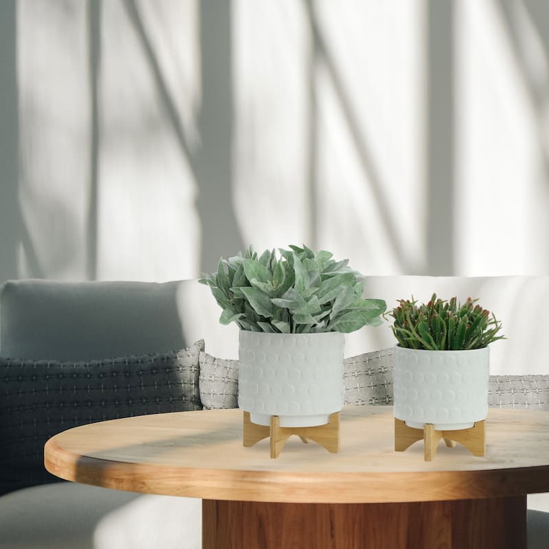 Sagebrook Home Ceramic Planters: Elevate Your Greenery with Stylish Bamboo Wood Stands - Perfect Home Decor Accessory