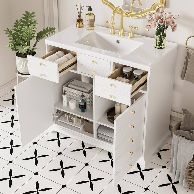 Bathroom Vanity with Resin Sink Set, Bathroom Storage Cabinet with 2 Drawers, Vanity Set with 2 Soft Closing Doors - White