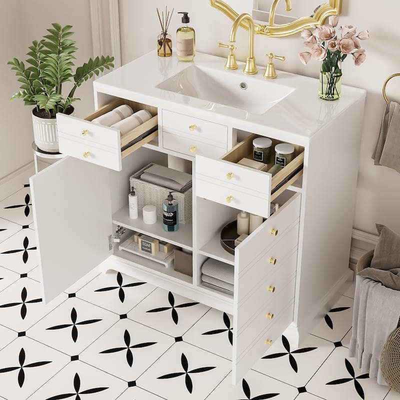 Roomfitters 36" Vanity with Ceramic Sink, Solid Wood Cabinet with 2 Drawers and Soft Closing Doors, Freestanding Design, White - White