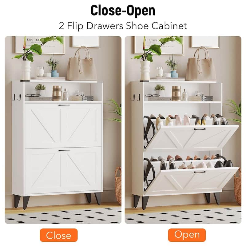 Slim Entryway Shoe Cabinet with 2 Flip Drawers