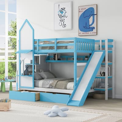 Full-Over-Full Castle House Bunk Bed with Slide & Storage Stairs, Wooden Playhouse Bedframe with 2 Drawers & 3 Shelves, for Kids