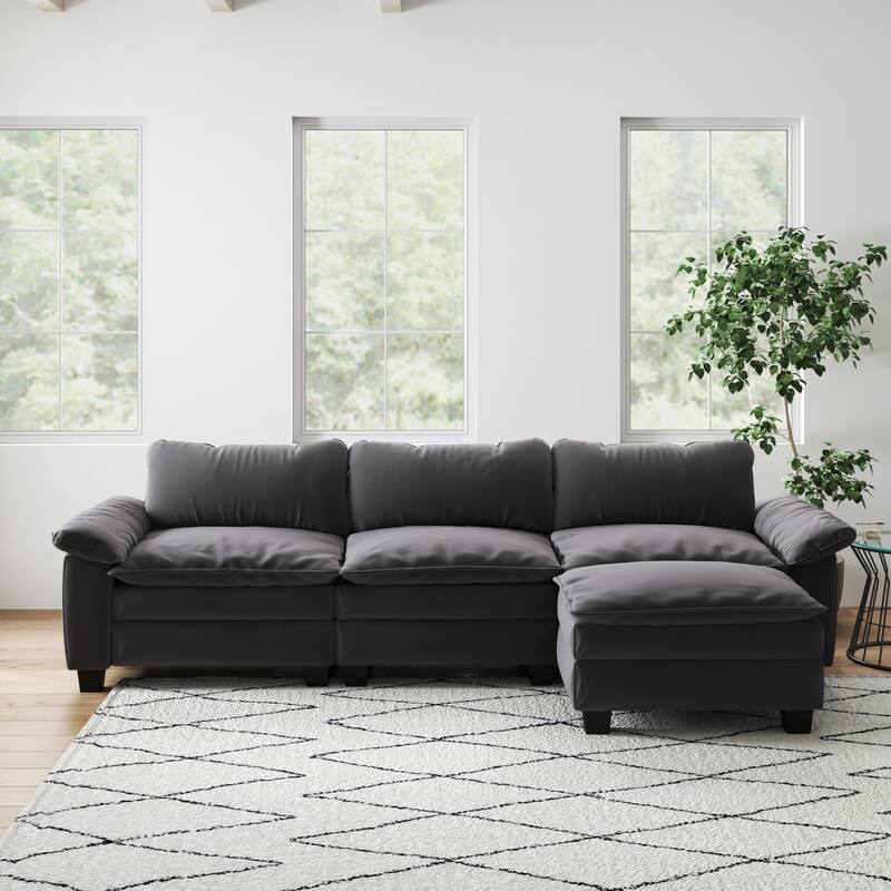 Luxury Velvet Upholstered Sectional Sofa Couch with Ottoman
