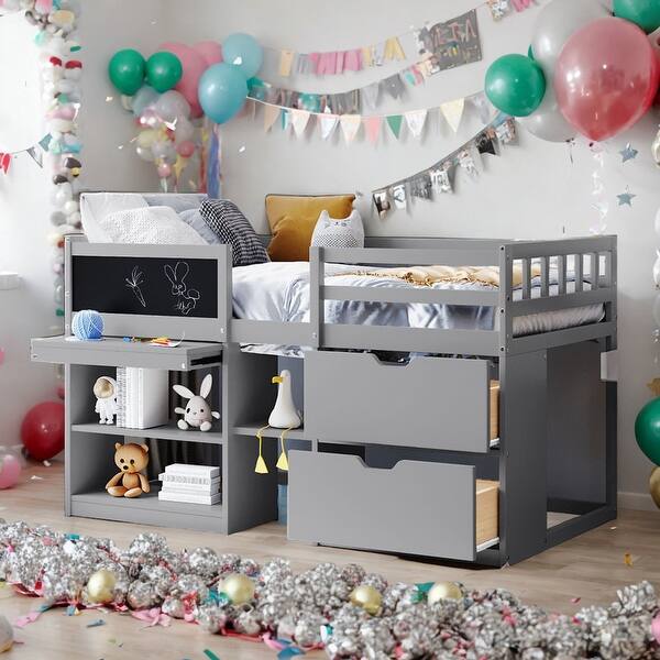 slide 2 of 17, Stylish & Simple Twin Size Low Loft Bed with Rolling Desk, Shelf and Drawers, Solid Construction & Versatility galore, Grey Grey