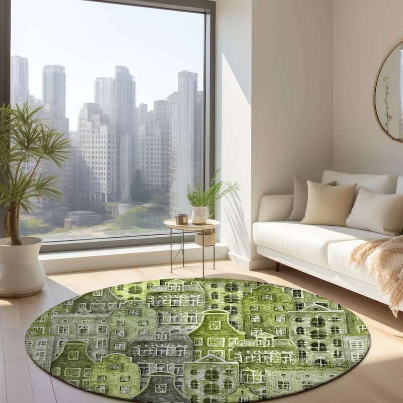 Machine Washable Indoor/ Outdoor Chantille Modern City Rug - Green - 8' x 8'