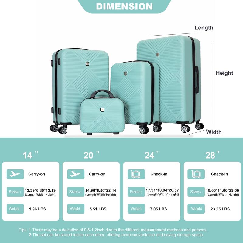 4-piece ABS Lightweight Suitcase Set with 14 inch Makeup Case, Aircraft Wheels (14/20/24/28)