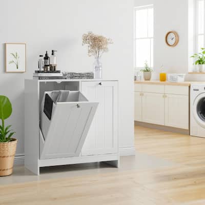 Tilted Laundry Hamper with Removable Basket, Hidden Storage Cabinet
