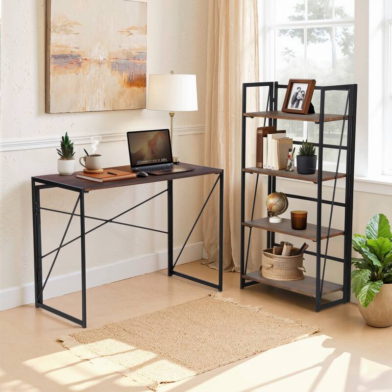 Industrial Home Office Bundle - 4-Tier Folding Bookshelf and 39" Study Desk, No Assembly Required - Brown