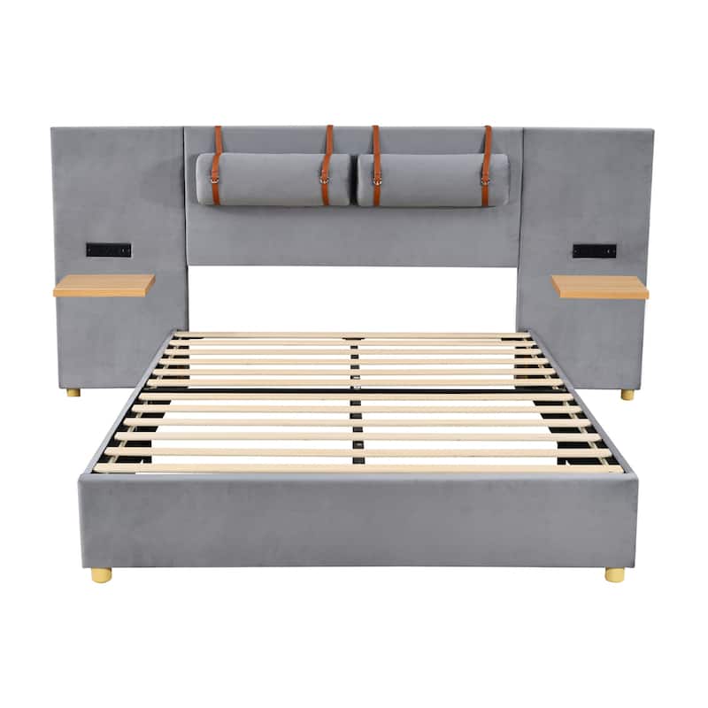 Queen Size Upholstered Platform Bed w/ 2 Outlets & USB Charging Ports