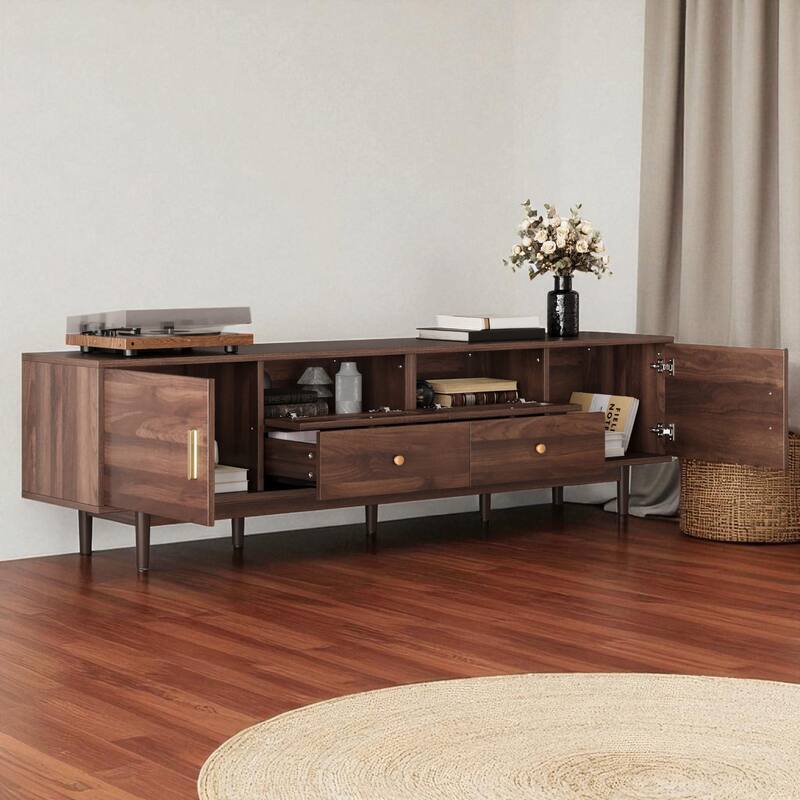 76 Inch Modern TV Stand with Storage, Rattan Doors, Drawers, Solid Wood Legs, Entertainment Center for TVs Up to 85"