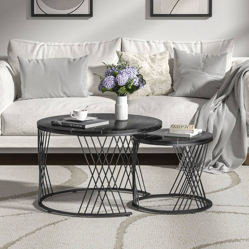 Anmytek Round Nesting Coffee Table Set of 2, White Modern End Tables Living Room Faux Marble Sofa Beside Table