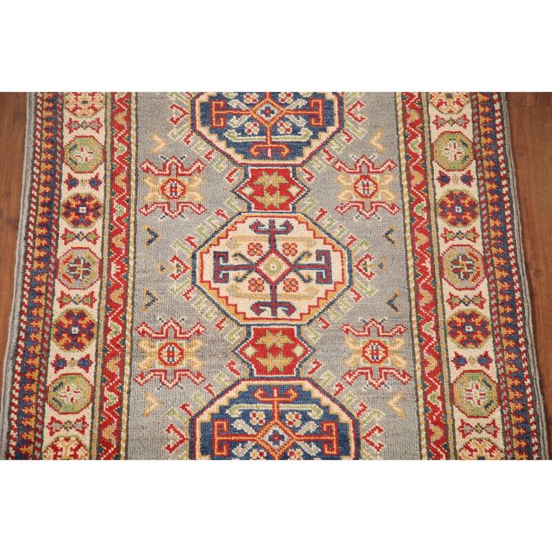 Geometric Kazak Oriental Accent Rug Handmade Grey Wool Carpet - 2'8" x 4'2"