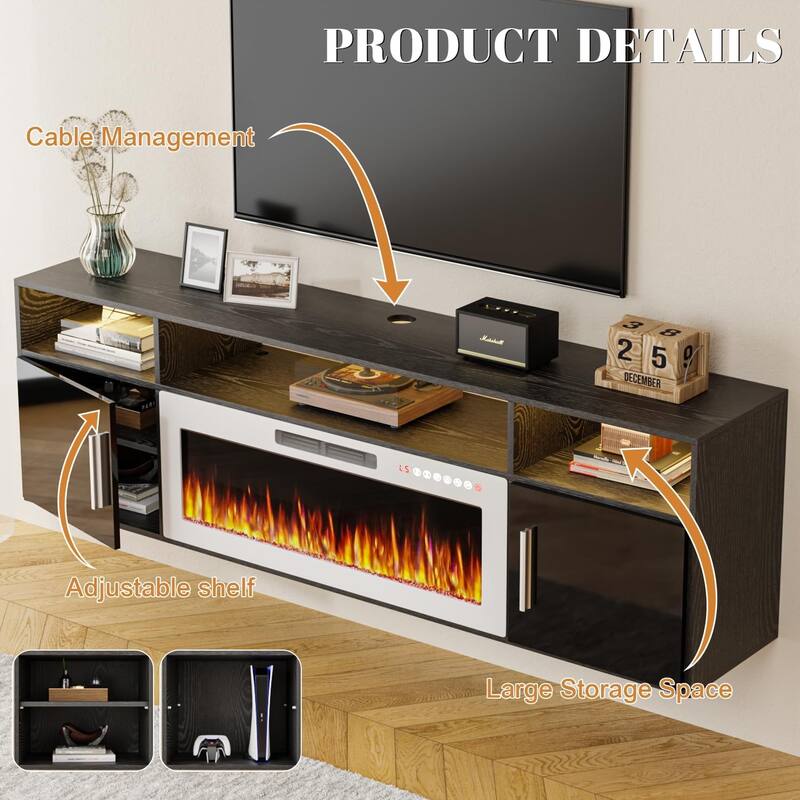 BOSSIN 70" Floating TV Stand with 36" Electric Fireplace, High Gloss Finish Wall Mounted Fireplace TV Stand with Storage