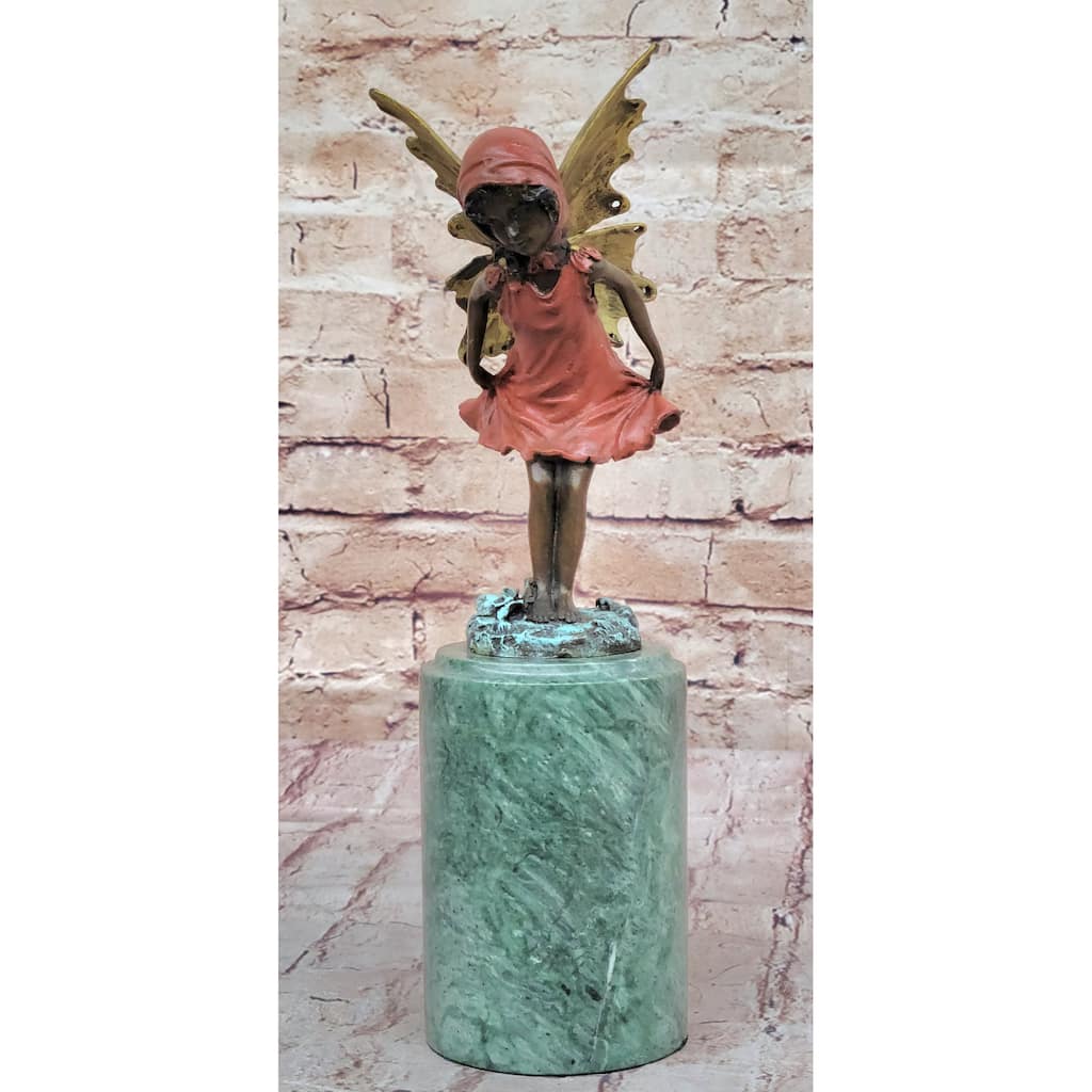 Bronze Metal Figure Of Young Fairy Angel Winged Girl On Green Marble Base