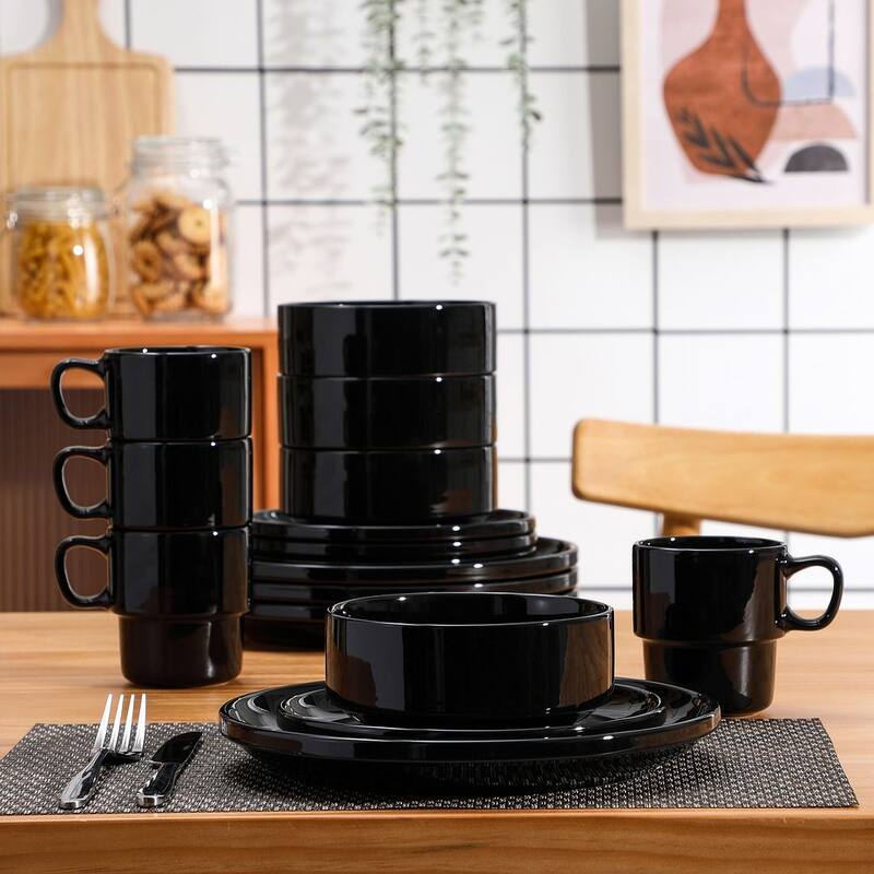 LOVECASA 16-Piece Round Dinnerware Set Stackable, Service for 4