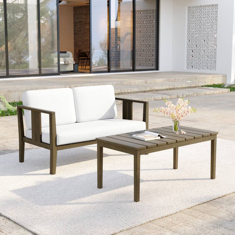 Casual 53"W Outdoor Patio Loveseat Set In Solid Teak Wood with Cushion