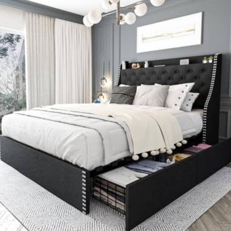 Bed Frame with 4 Storage Drawers and Headboard