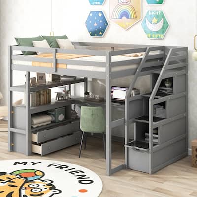 Full Size Loft Bed with Desk and Shelves, Simple and Stylish Solid Pine Wood Bed Frame w/2 Built-in Drawers, Storage Staircase