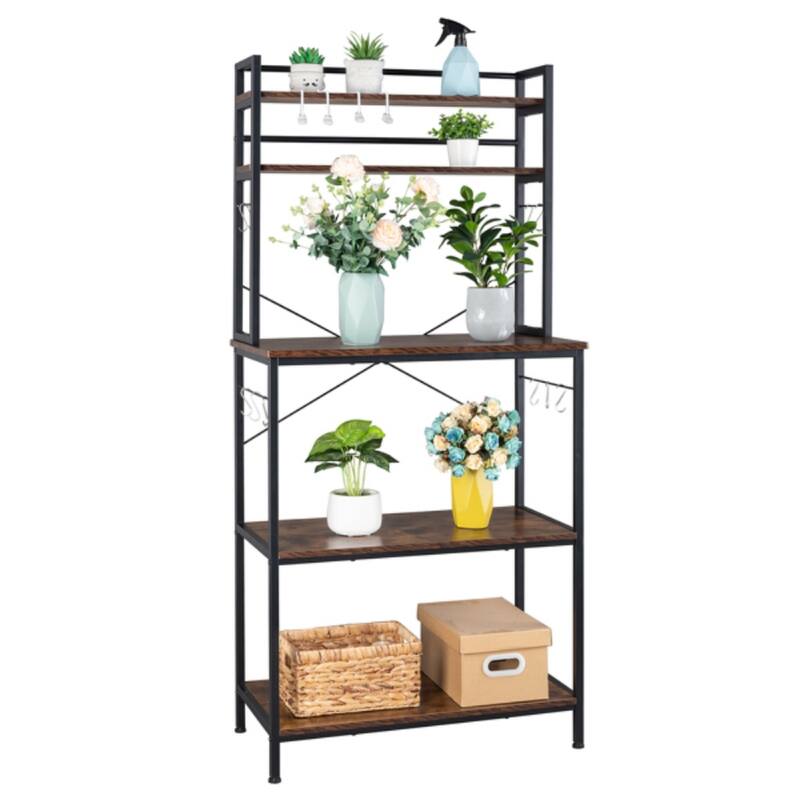 5-Tier Kitchen Bakers Rack with 10 S-Shaped Hooks, Industrial Microwave Oven Stand, Cart Storage Shelf Organizer