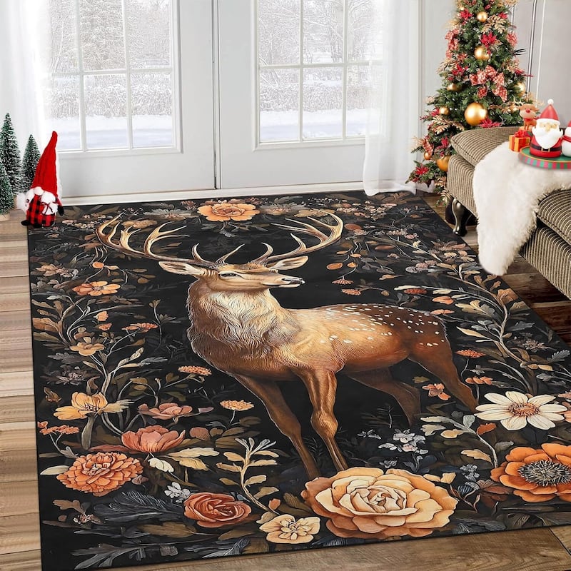 GustoWave 2*3ft Christmas Elk Statue Washable Soft Area Rug for Holiday Decor - 1'6" x 2'6" - Black 5*7ft