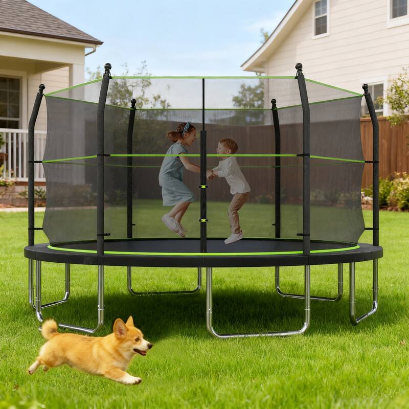 14ft Trampoline with Ladder and Enclosure Net for Kids and Adults, Heavy-duty 14' Outdoor Trampoline for Backyard - Green/Black