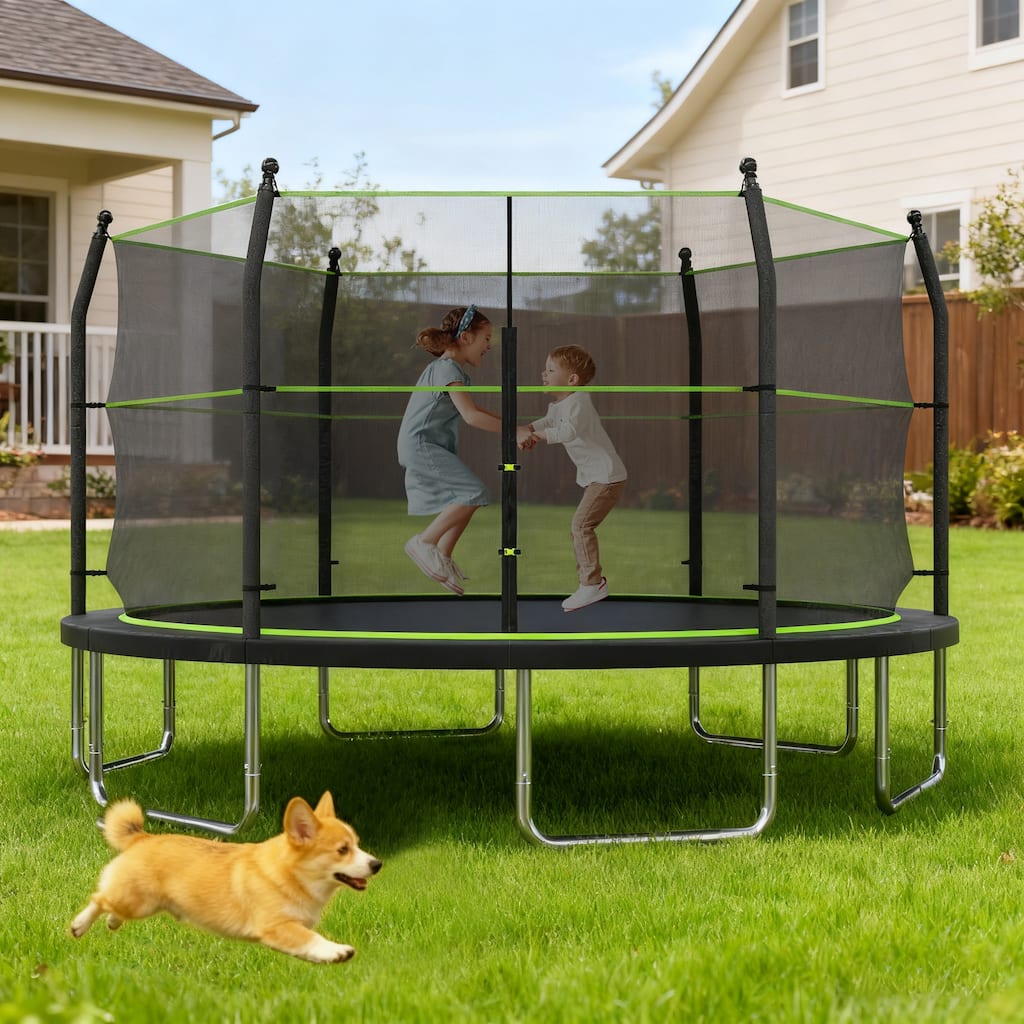Toddler Trampoline - Safety Enclosure, Basketball Hoop & Ball, Indoor Outdoor Use - Black+Green - 168