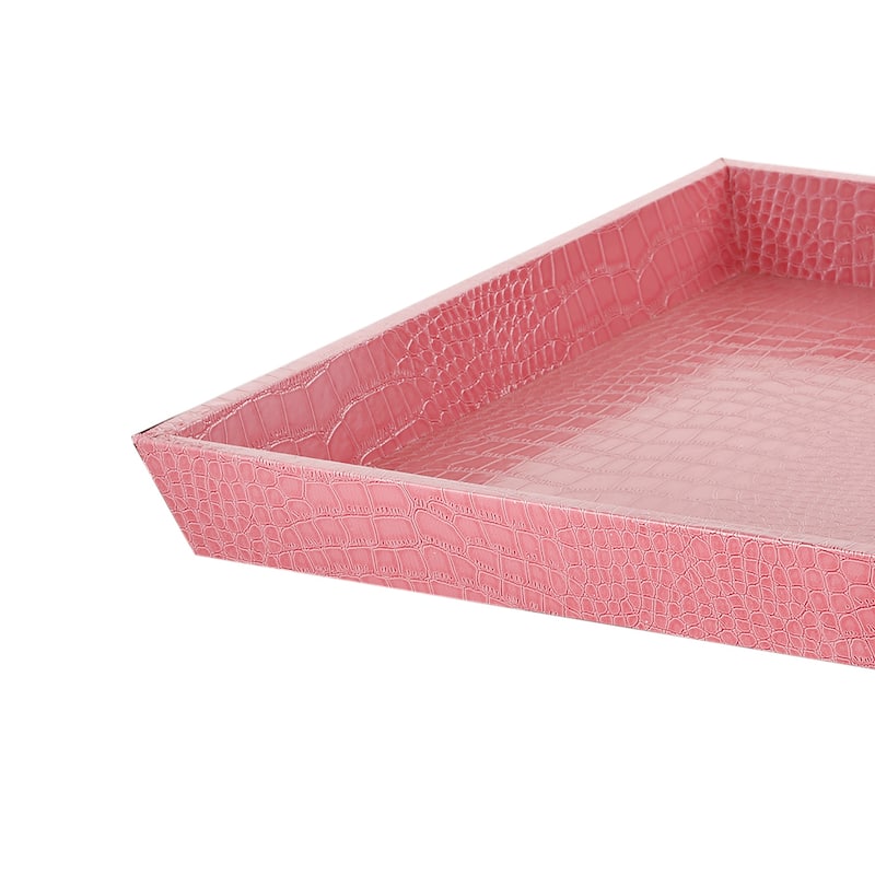 Wood and Leatherette Decorative Serving Tray with Raised Sides, Pink