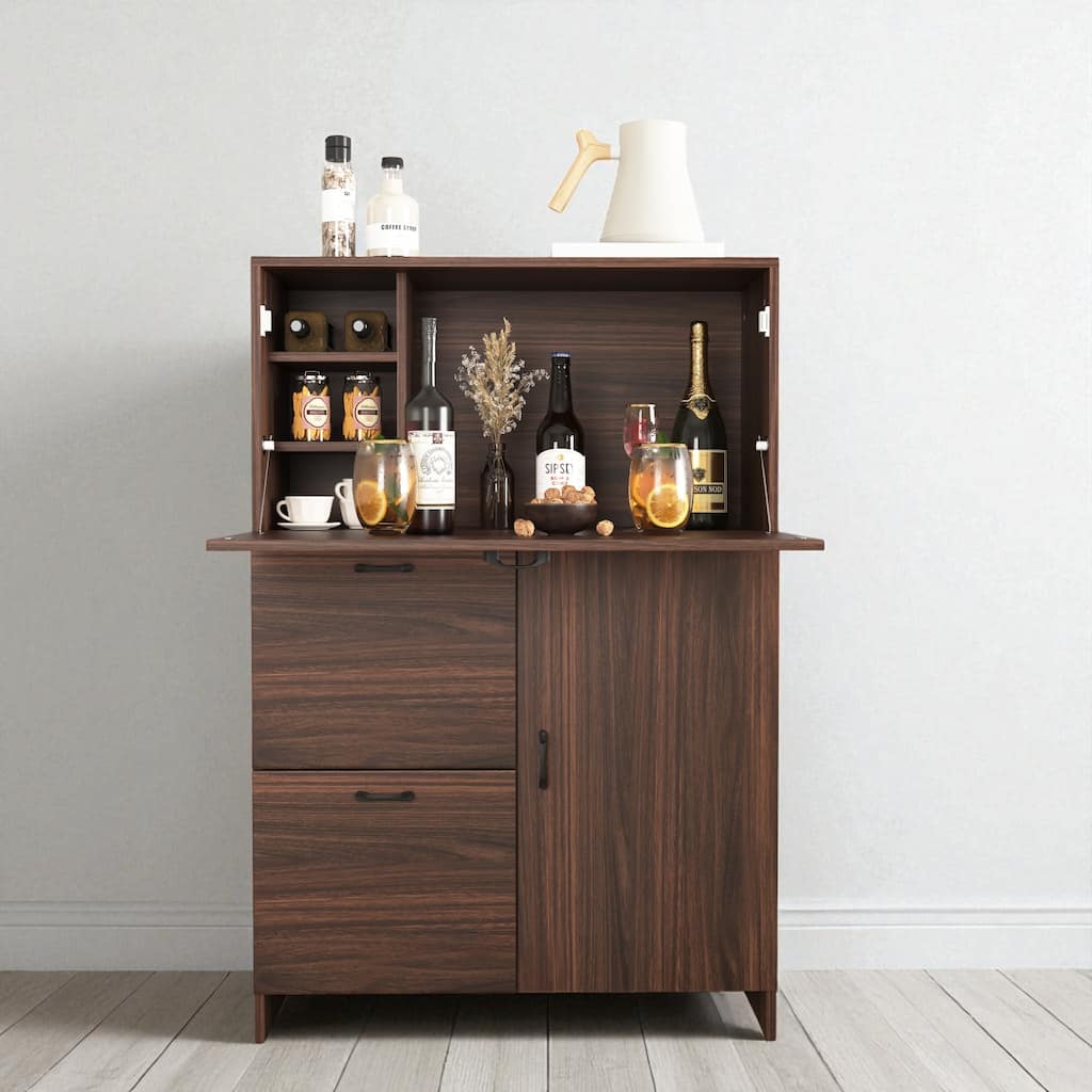 Fold-Up Desk Cabinet with Drawer & Shelves, Space-Saving Wall Desk Organizer, 31.5" W x 13.8" D x 47.2" H