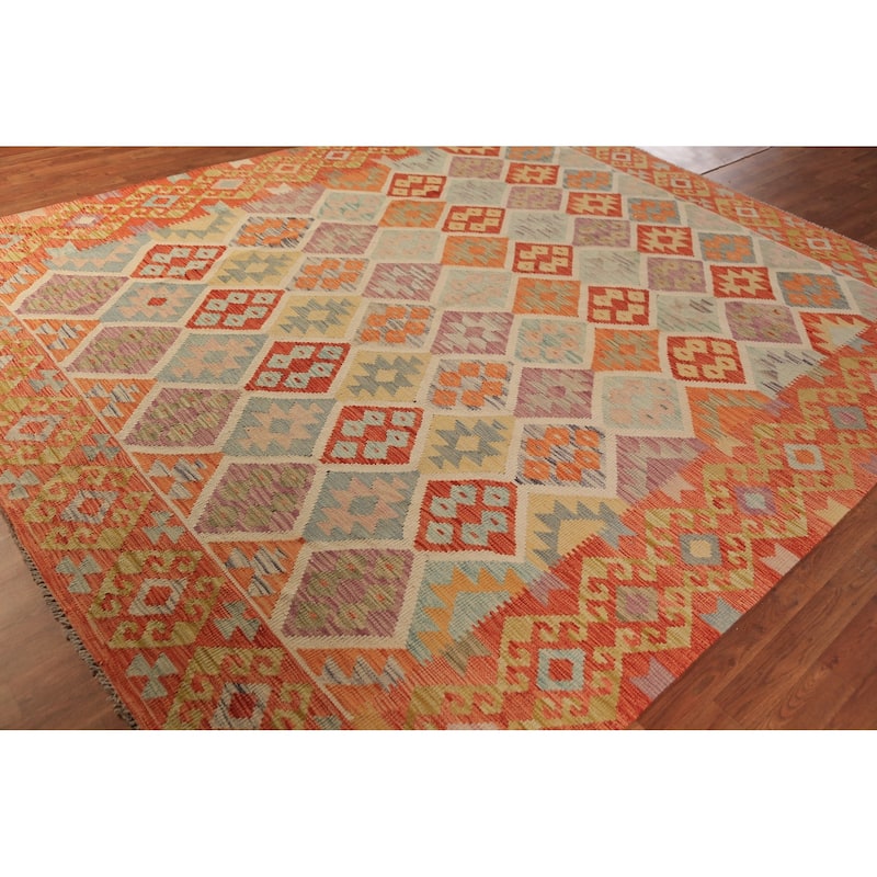 Trellis Geometric Kilim Oriental Area Rug Hand-Woven Wool Carpet - 8'2"x 9'8"