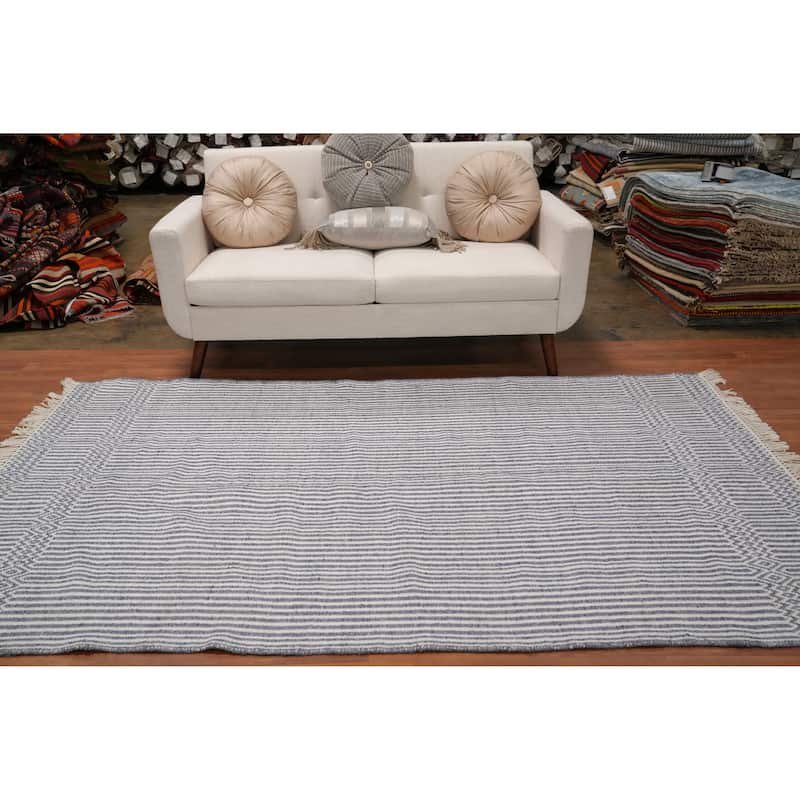Hand Woven Oriental 100% Wool Carpet Traditional Geometric Navy Blue & Blues Durrie-Kilim Area Rug - 8' 0'' X 5' 0''