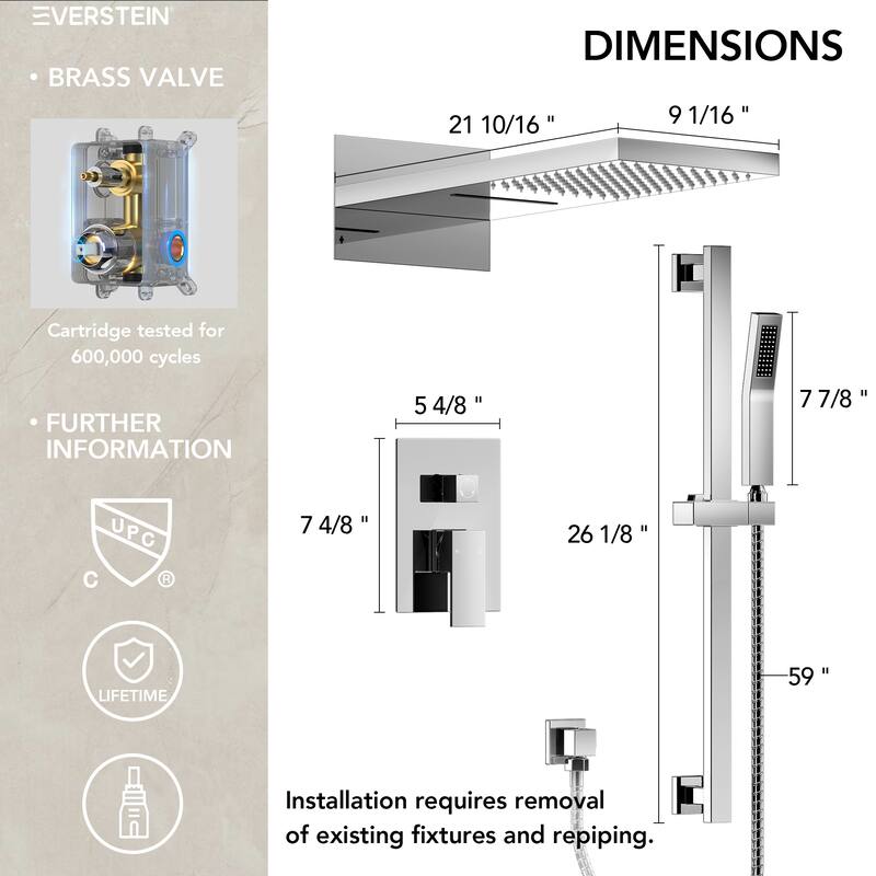 Dual-Function Wall Mounted Waterfall & Rainfall Shower Faucet Set With Rough-In Valve - 22"*10"