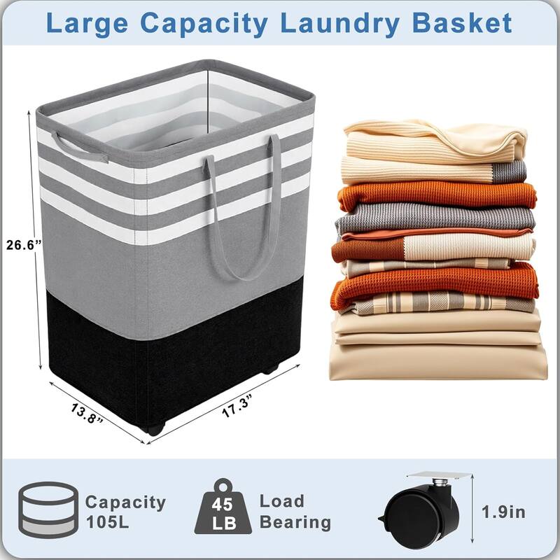 80L Large Laundry Basket, Laundry Hamper with 4 Wheels, Collapsible Waterproof Clothes Basket, Freestanding Hamper with Handles