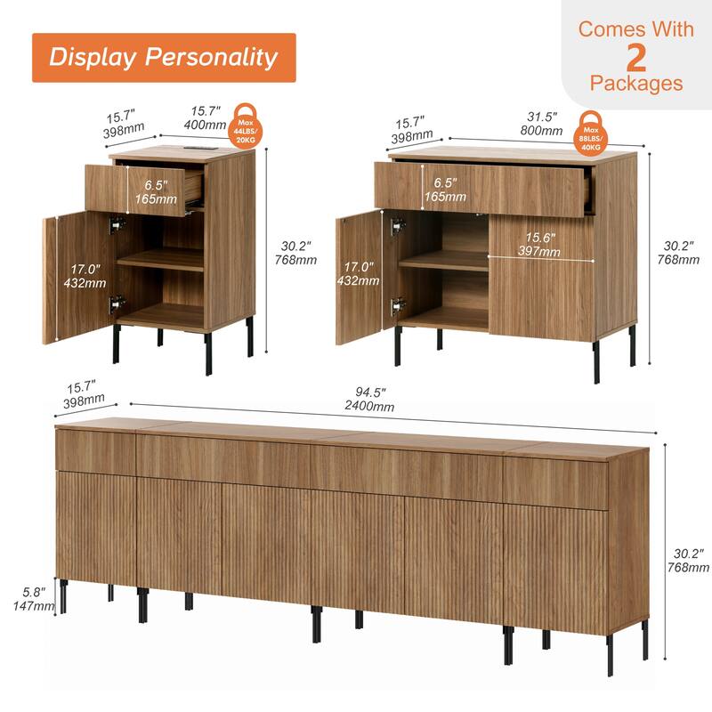 94.5" Modern Wood Drawer Dresser With Reeded Design, Minimalist Dresser Organizer Storage Cabinet