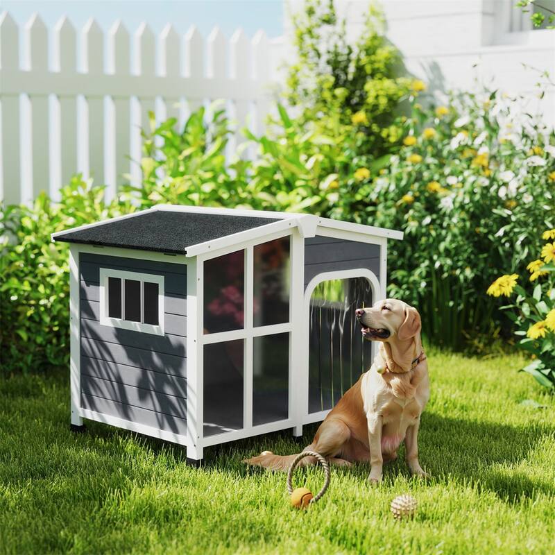 Dark Gray and White Fir Wood Dog Kennel House with Openable Roof Elevated Floor