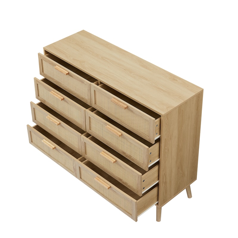 Bedroom dresser,8 Double Dresser with rattan drawers, wood chest of drawers, 47.2''W x 15.8''D x 37.4''H
