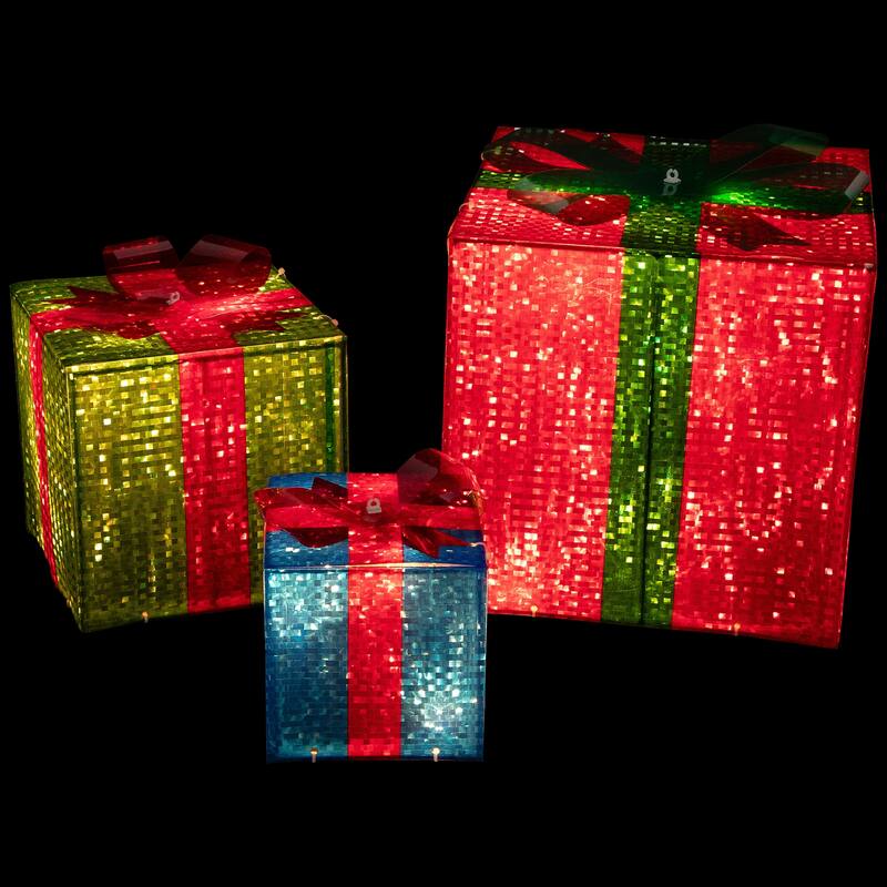 Set of 3 Red Green Lighted Gift Box Outdoor Patio Christmas Decor 10"