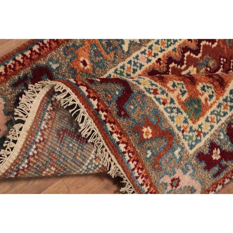 Hand Knotted Oriental 100% Wool Carpet Traditional Geometric Oranges & Rust Viss Runner Rug - 8' 3'' X 2' 7''