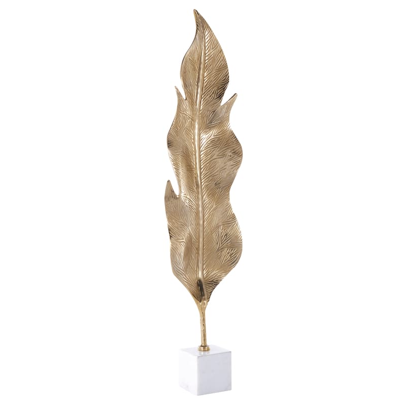 Gold Aluminum Metal Tall Textured Leaf Sculpture with White Marble Base