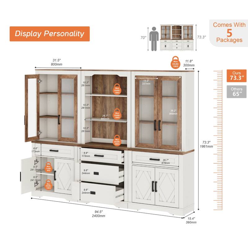 5 Tier Multi--Column Bookshelf Set with Open Storage and Glass Doors